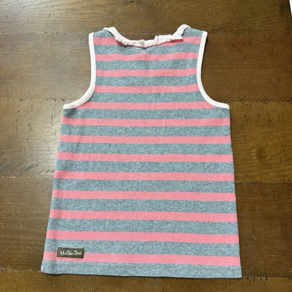 Matilda Jane Travel Log Gray Pink Striped Ruffle Tank Top Girl's 6